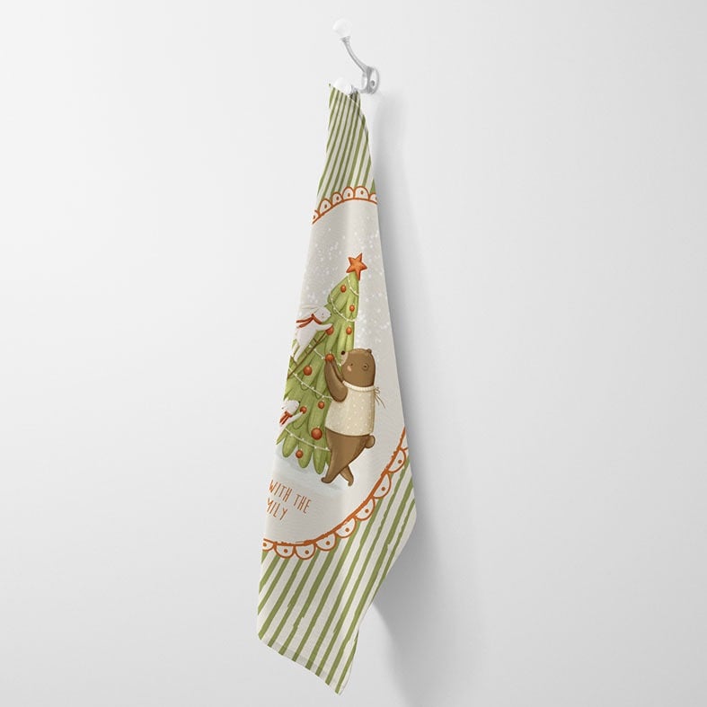 Personalised cotton Christmas Tree tea towel with festive green stripes and whimsical hand-drawn illustration
