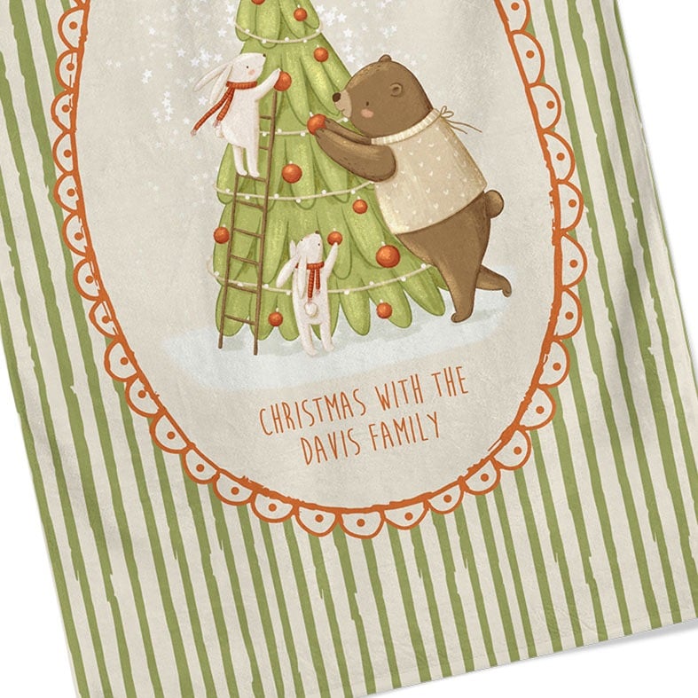 Personalised cotton Christmas Tree tea towel with festive green stripes and whimsical hand-drawn illustration