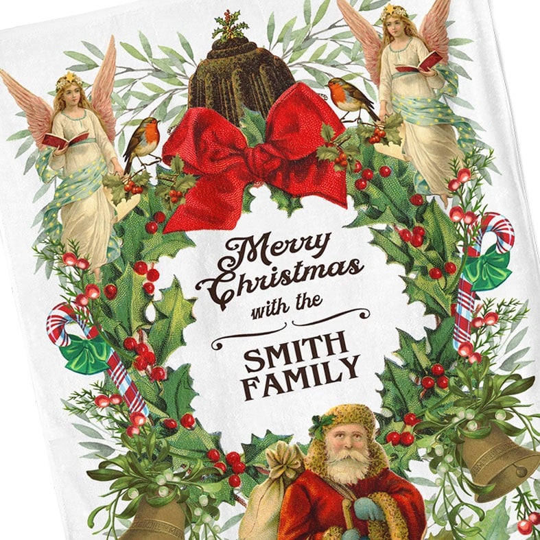 Personalised cotton Victorian Christmas tea towel featuring colourful festive vintage illustrations