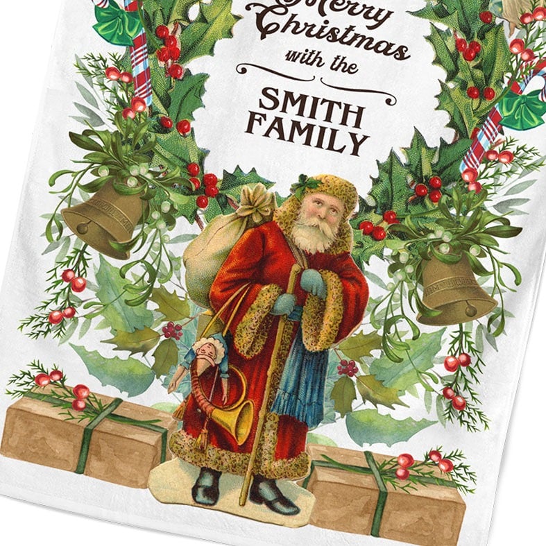Personalised cotton Victorian Christmas tea towel featuring colourful festive vintage illustrations