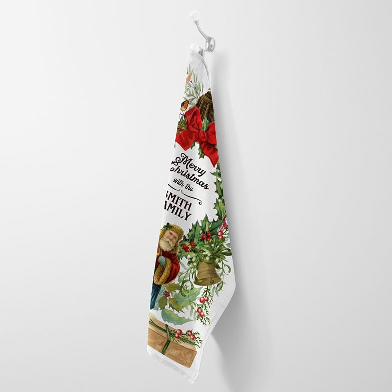 Personalised cotton Victorian Christmas tea towel featuring colourful festive vintage illustrations