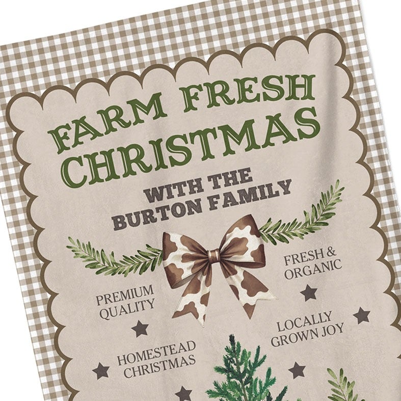 Personalised brown gingham Christmas tea towel with festive country kitchen cow print western illustrations