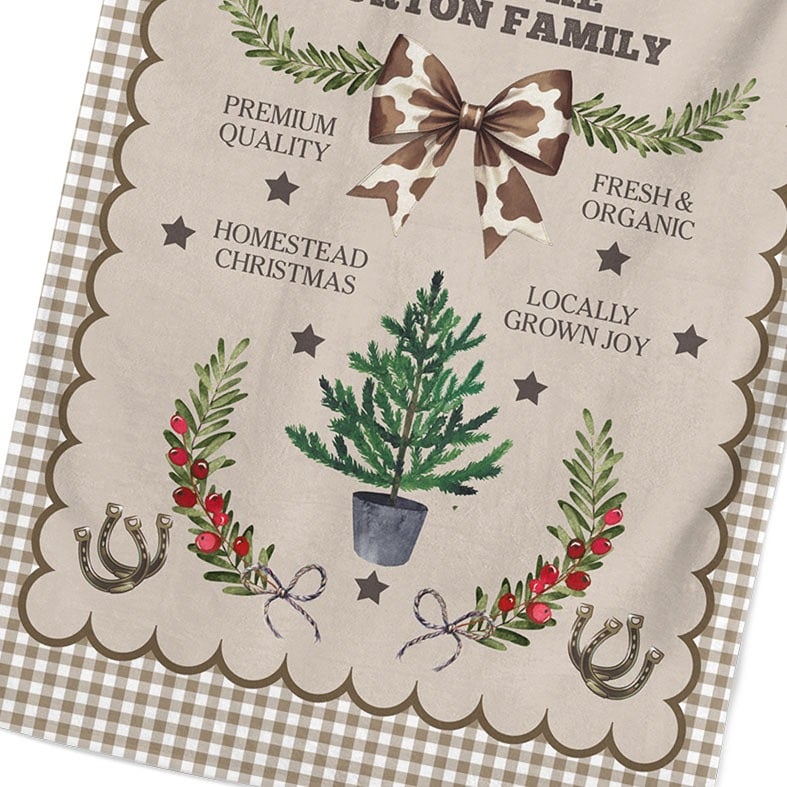 Personalised brown gingham Christmas tea towel with festive country kitchen cow print western illustrations