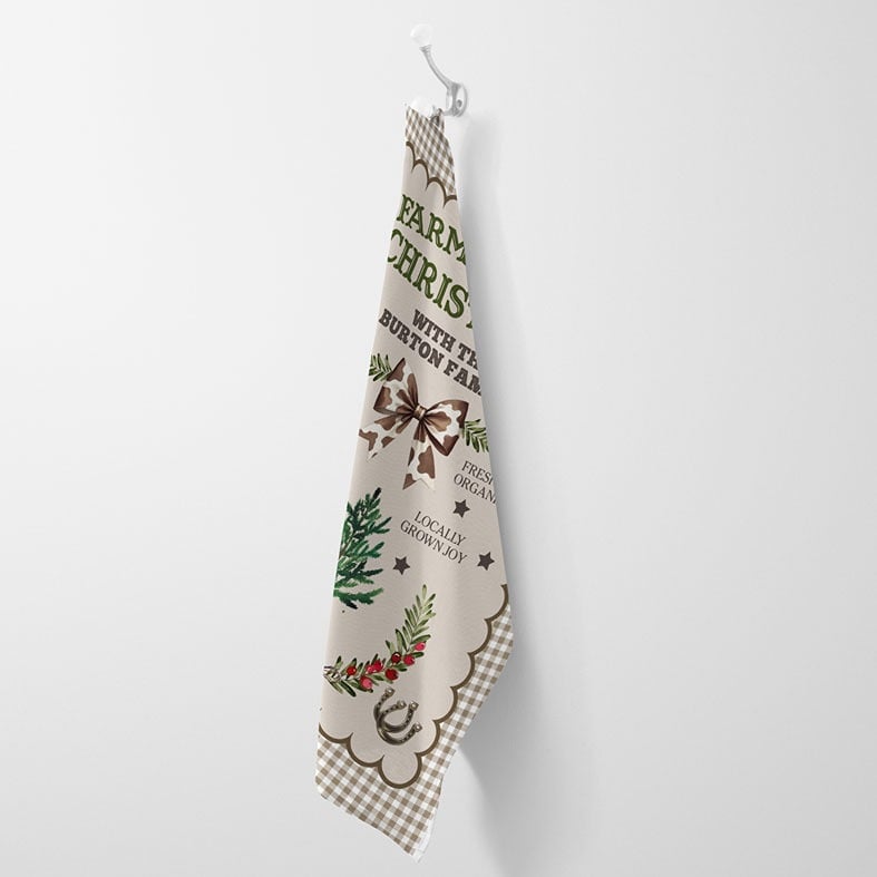 Personalised brown gingham Christmas tea towel with festive country kitchen cow print western illustrations