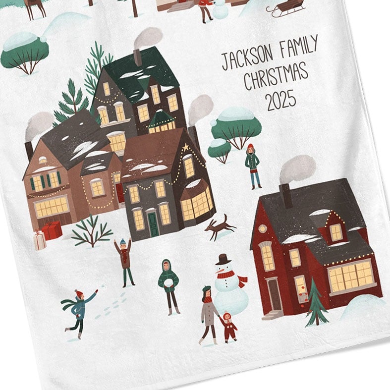 Personalised cotton Christmas tea towel with colourful festive village snow scene hand-drawn illustrations