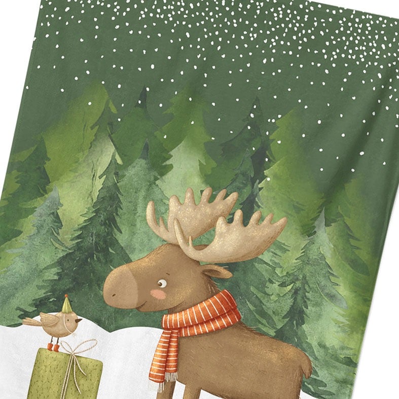 Personalised cotton Christmas tea towel in dark green and red with snowy friendly reindeer illustration
