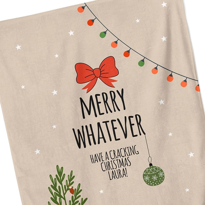 Personalised Christmas tea towel in white or beige with funny sleepy cat illustration and Merry Whatever wording