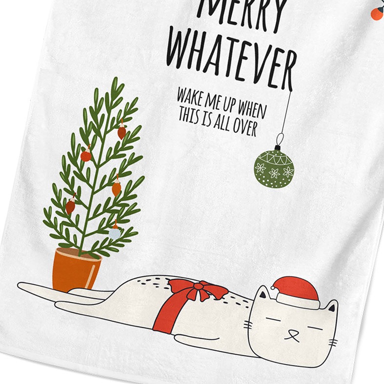 Personalised Christmas tea towel in white or beige with funny sleepy cat illustration and Merry Whatever wording