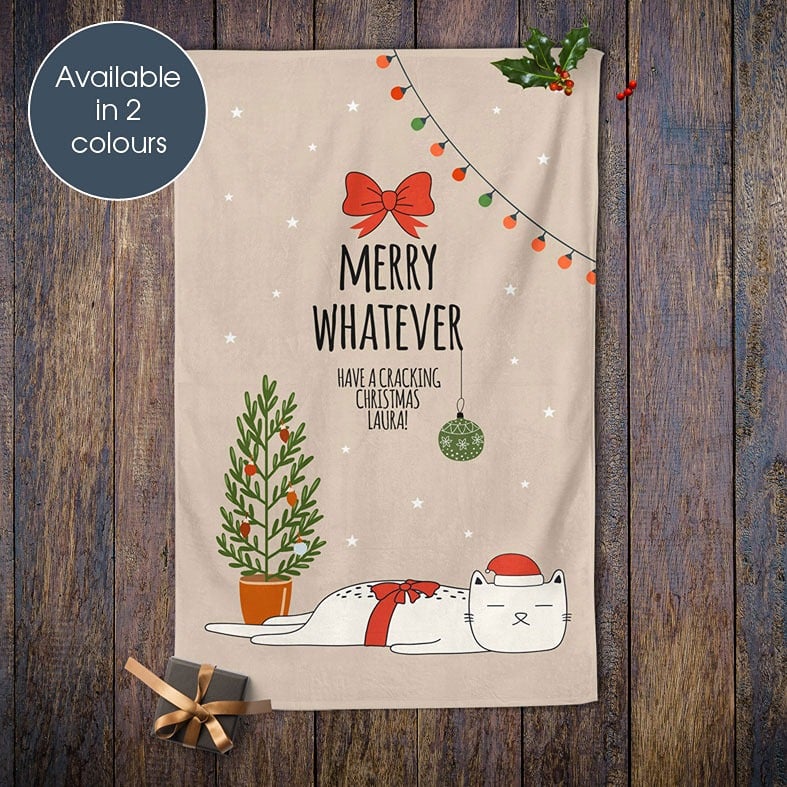 Personalised Christmas tea towel in white or beige with funny sleepy cat illustration and Merry Whatever wording