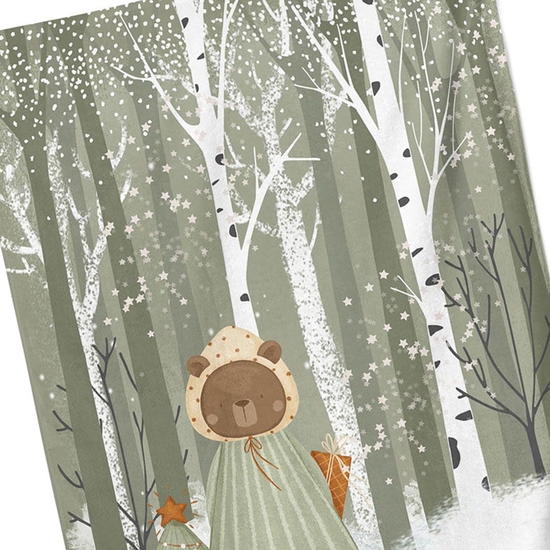 Personalised cotton Christmas tea towel in sage green and white with snowy hand-drawn festive illustration