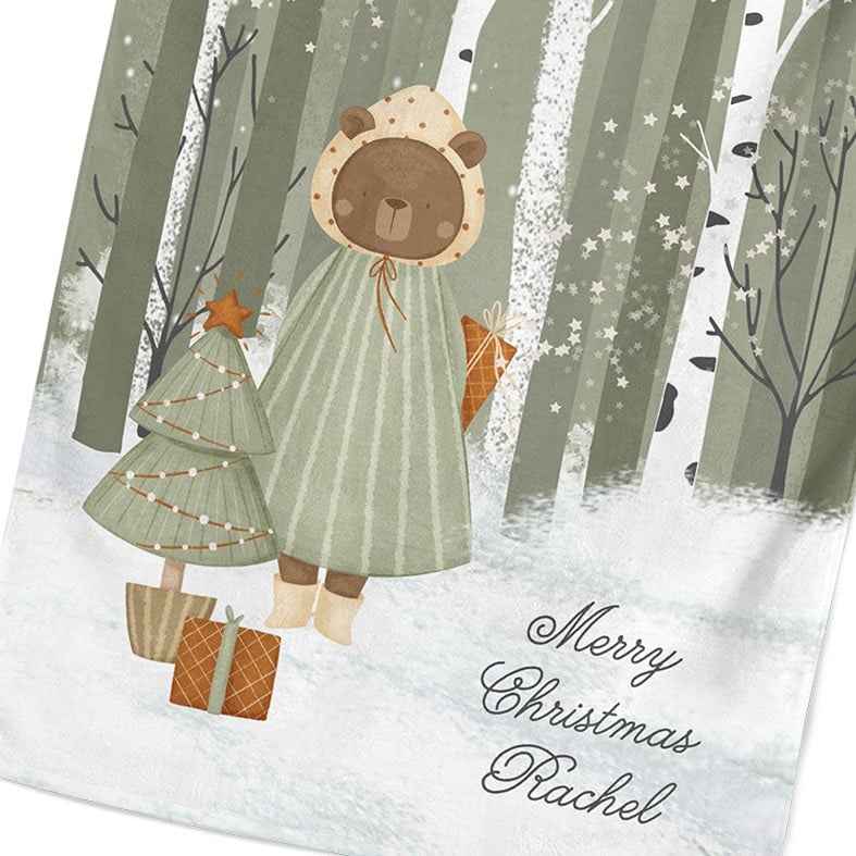 Personalised cotton Christmas tea towel in sage green and white with snowy hand-drawn festive illustration