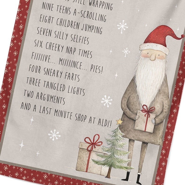 Personalised cotton Christmas tea towel in red and beige with a Santa illustration and funny rewording of 12 Days of Christmas