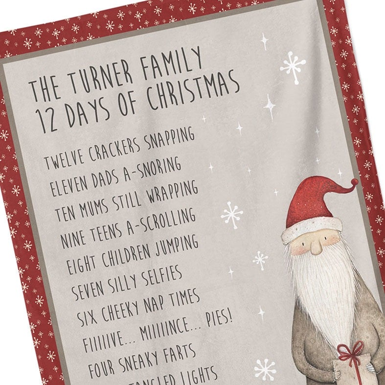 Personalised cotton Christmas tea towel in red and beige with a Santa illustration and funny rewording of 12 Days of Christmas