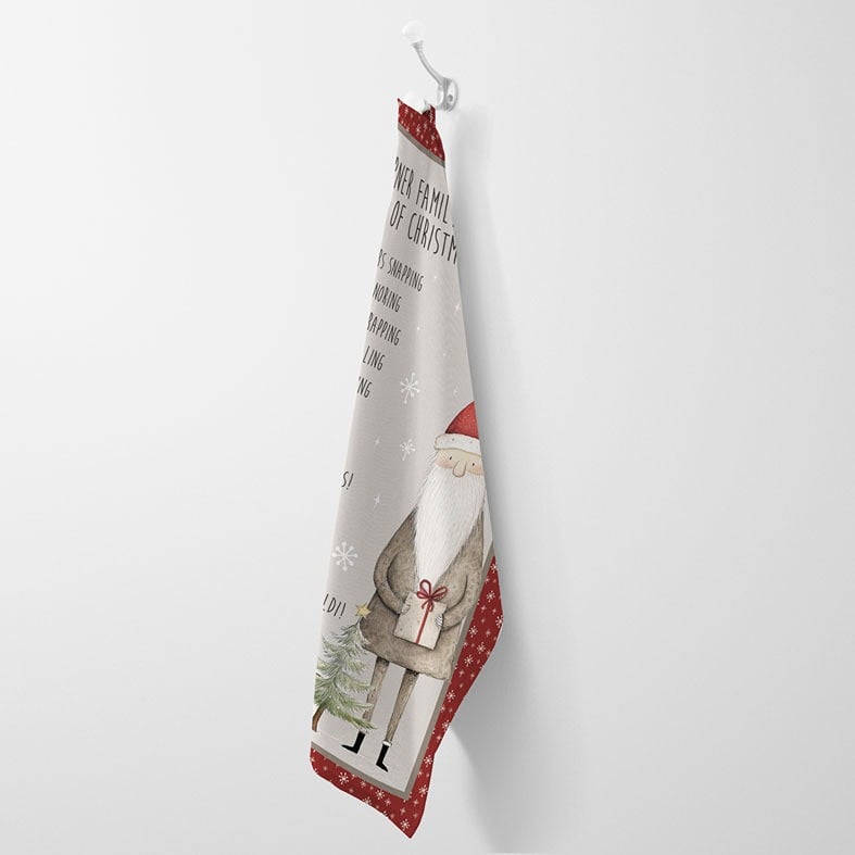 Personalised cotton Christmas tea towel in red and beige with a Santa illustration and funny rewording of 12 Days of Christmas