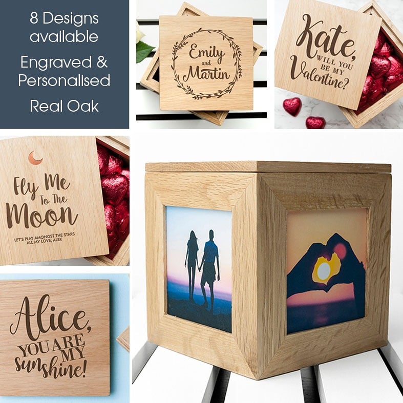 Personalised Real Oak Photo Cubes | romantic gift for Valentine, anniversary or wedding. Handcrafted, engraved to order, also available filled with chocolates!