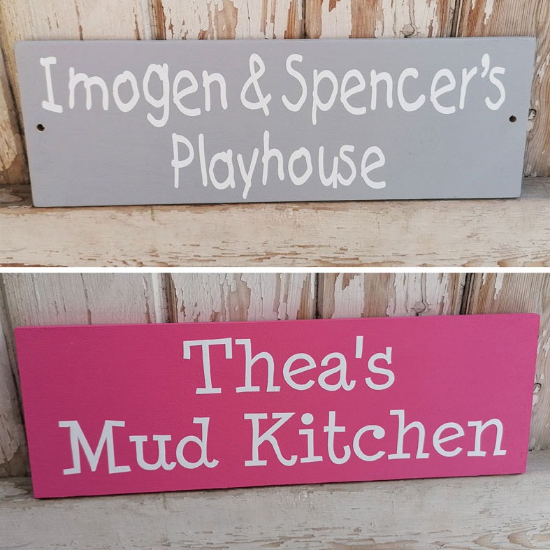 Personalised Children's Mud Kitchen and Playhouse Garden Signs | Handmade and personalised wooden outdoor plaques made to order, range of colours, from PhotoFairytales