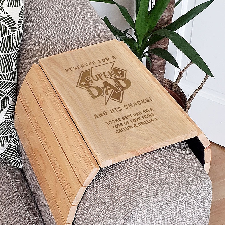 Personalised Super Dad wooden sofa tray with custom message - sofa arm snack and drinks tray, Father's Day gift for dad