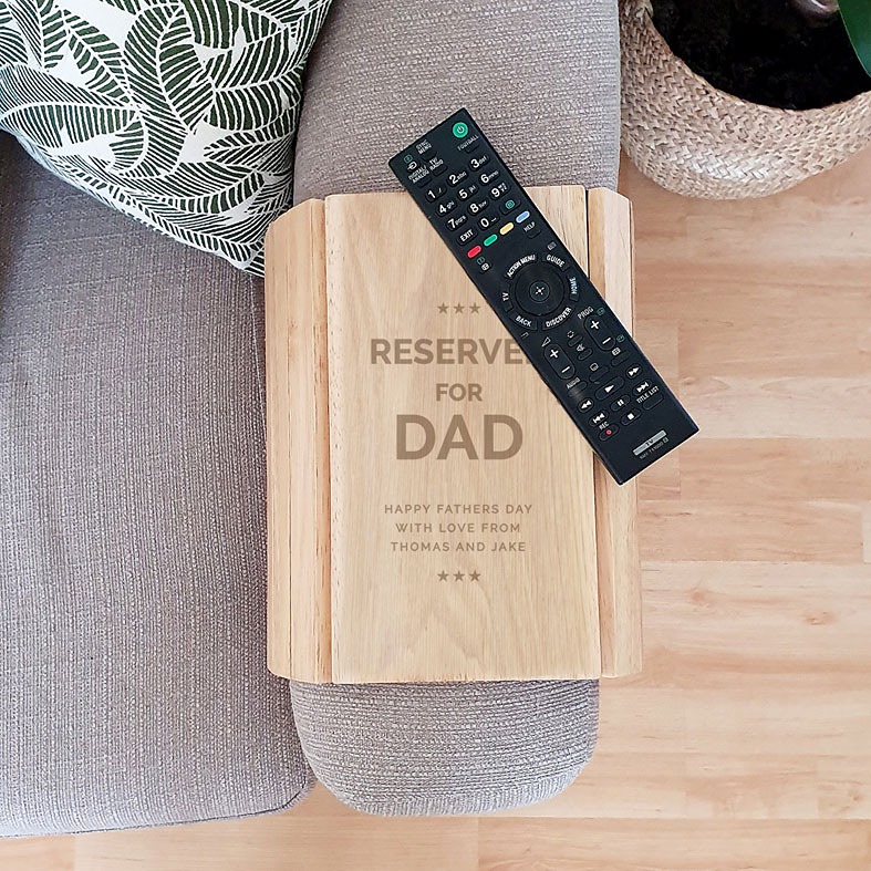 Personalised Reserved For wooden sofa tray with customised wording and name - sofa arm tray for drinks and snacks, personalised gift for dad