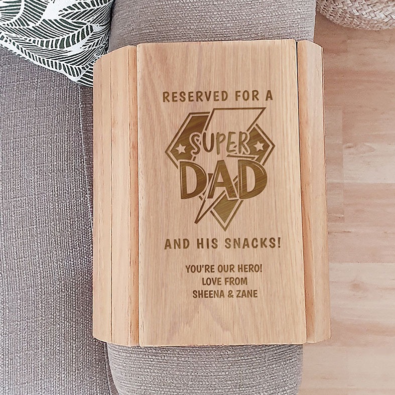 Personalised Super Dad wooden sofa tray with custom message - sofa arm snack and drinks tray, Father's Day gift for dad
