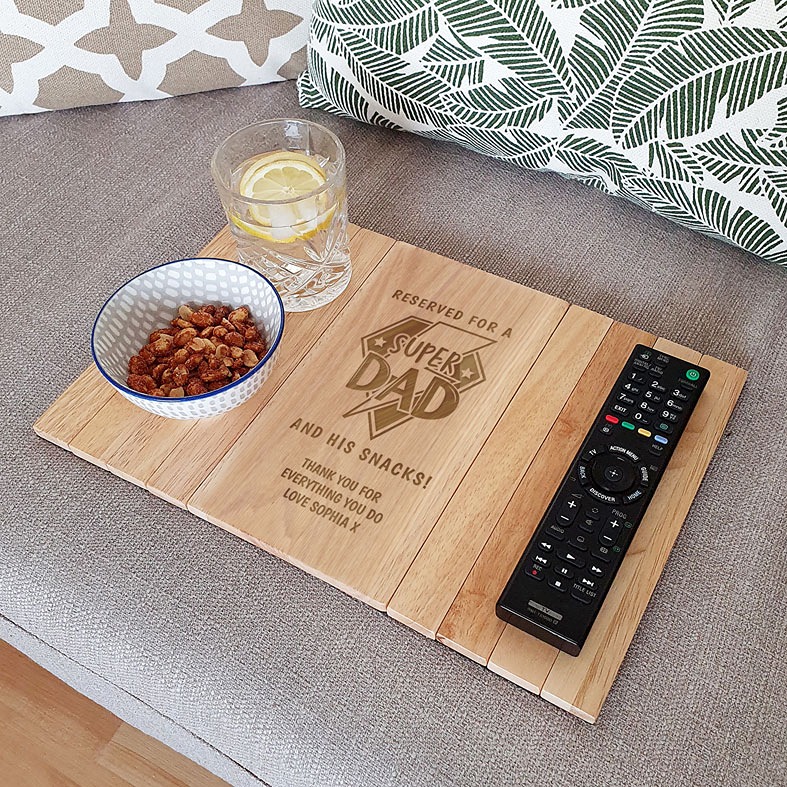 Personalised Super Dad wooden sofa tray with custom message - sofa arm snack and drinks tray, Father's Day gift for dad