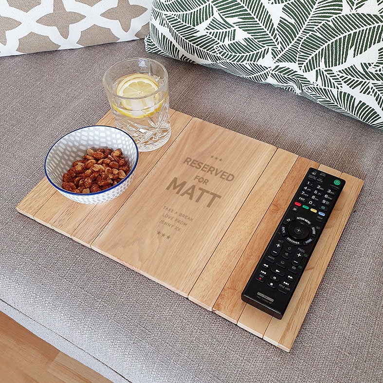Personalised Reserved For wooden sofa tray with customised wording and name - sofa arm tray for drinks and snacks, personalised gift for dad