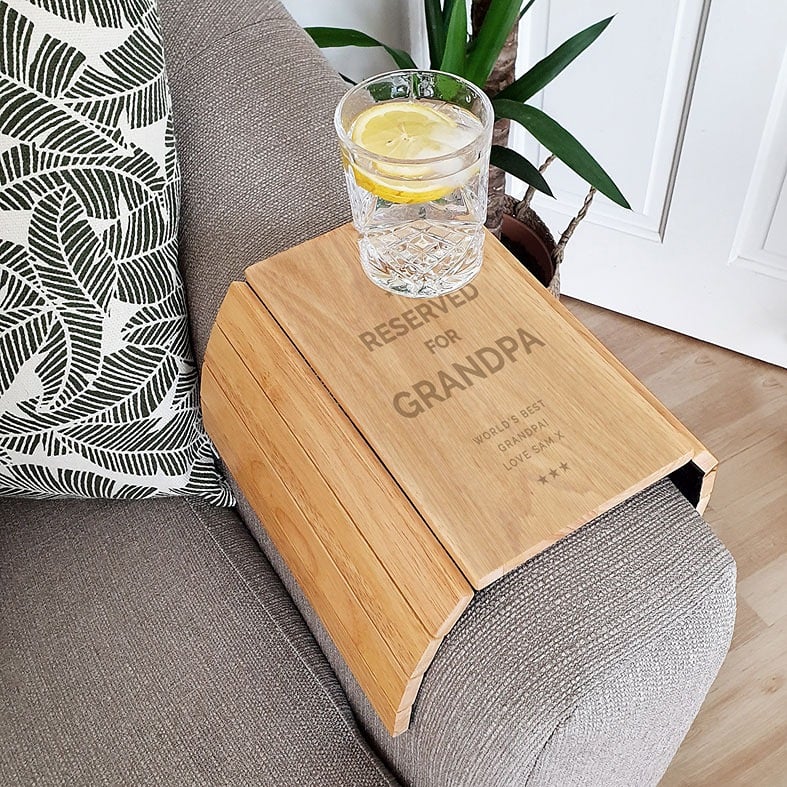 Personalised Reserved For wooden sofa tray with customised wording and name - sofa arm tray for drinks and snacks, personalised gift for dad