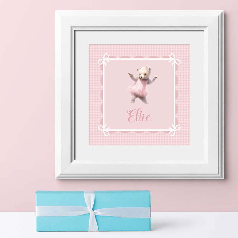 Personalised pink Gingham Bear print â baby girl nursery wall art and charming christening gift idea