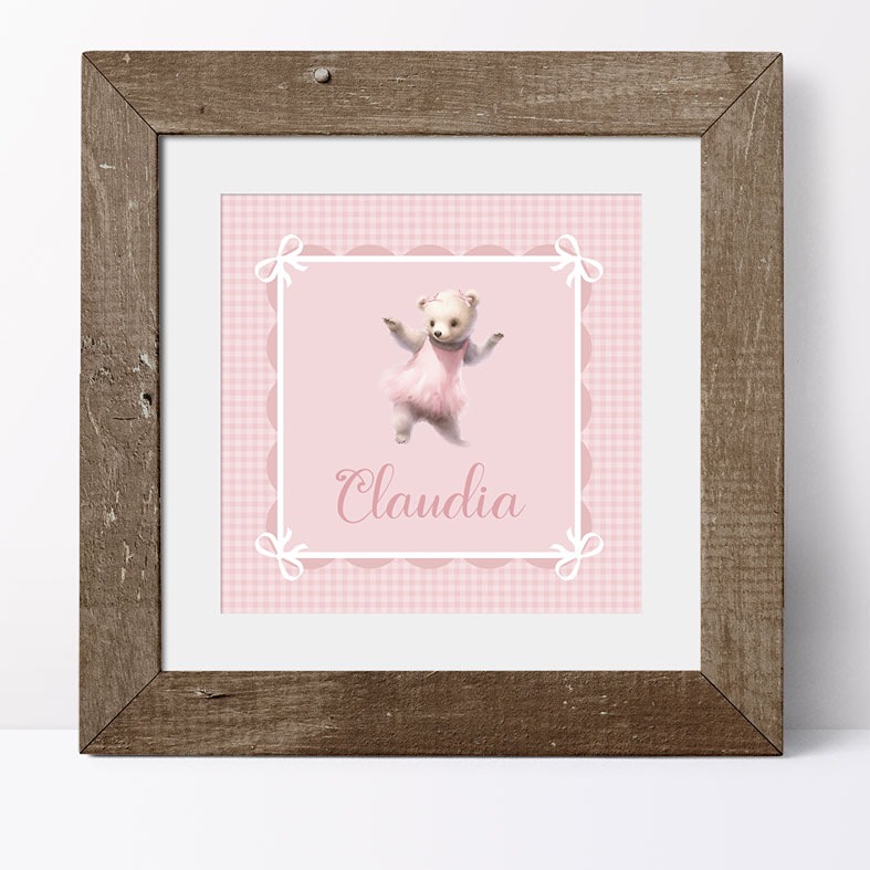 Personalised pink Gingham Bear print â baby girl nursery wall art and charming christening gift idea
