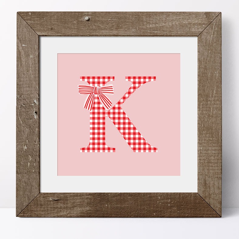 Personalised 'Cottage Check' initial print with gingham bow â cottagecore wall art gift for her or nursery decor