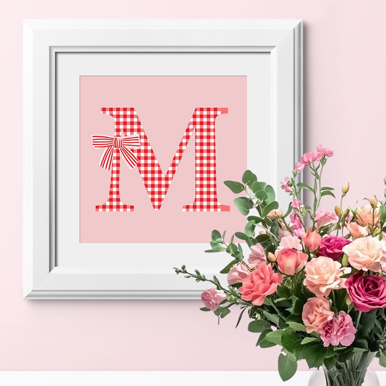 Personalised 'Cottage Check' initial print with gingham bow â cottagecore wall art gift for her or nursery decor