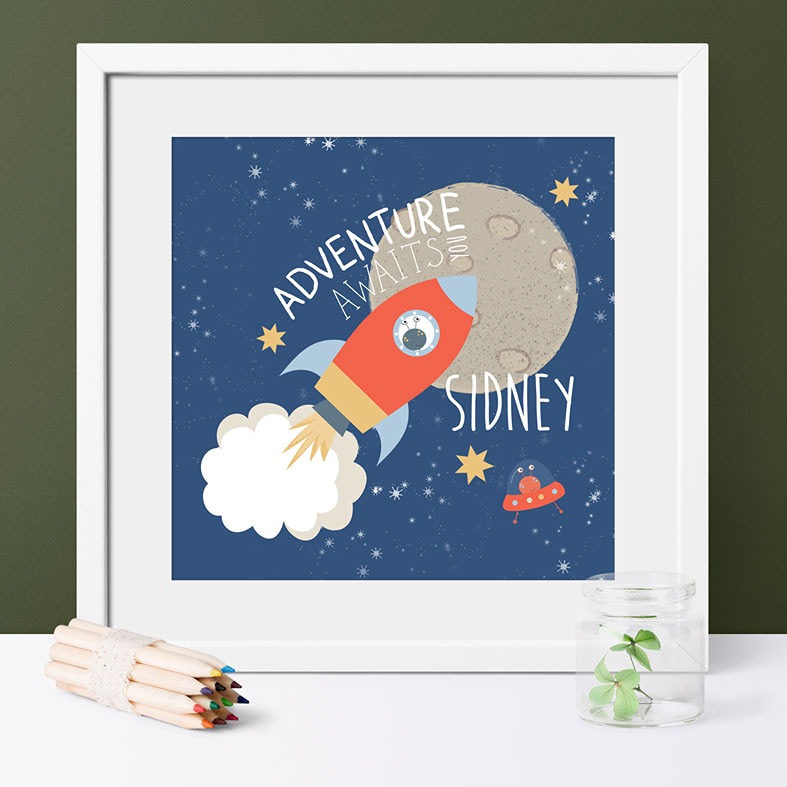 Retro Spaceship Personalised Print | bespoke art print for little boy's nursery, PhotoFairytales #nurseryart