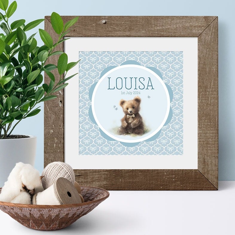 Personalised blue Little Bear print â baby nursery wall art and charming christening gift idea for boys or girls