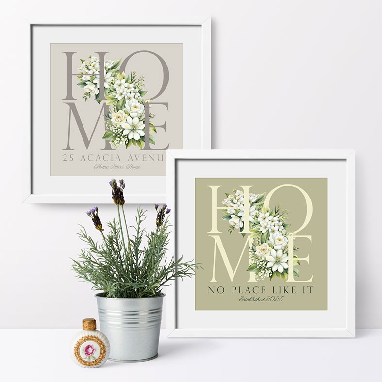 Personalised Home Print | personalised print featuring delicate botanical flowers, custom-made unique new home, housewarming or wedding gift