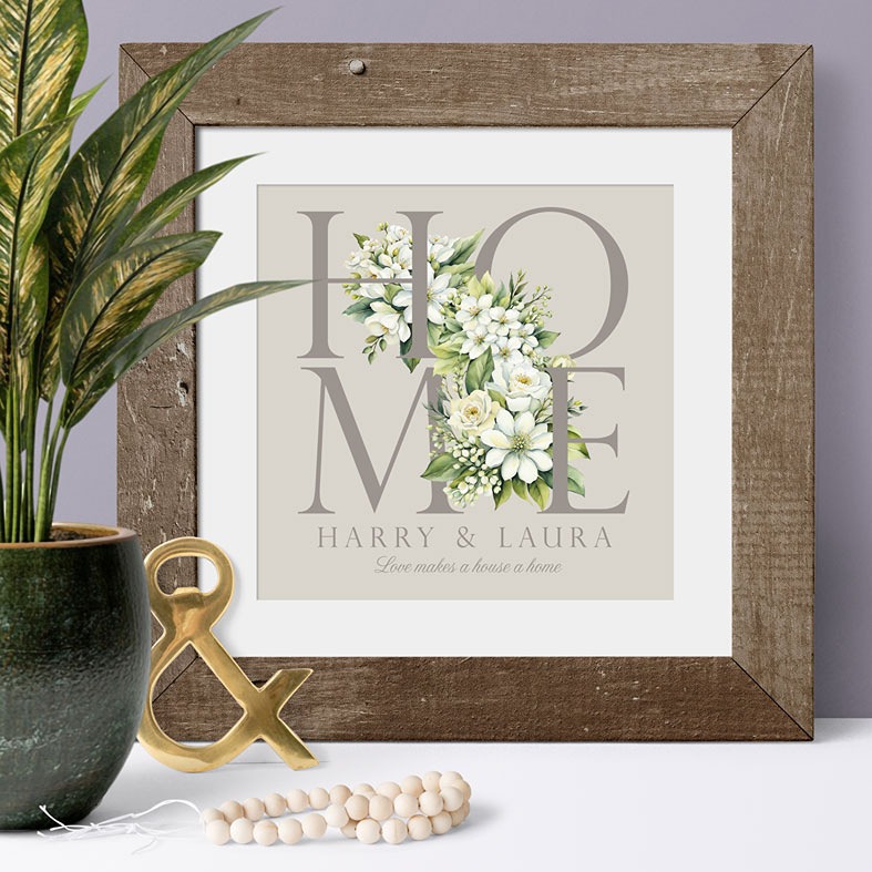 Personalised Home Print | personalised print featuring delicate botanical flowers, custom-made unique new home, housewarming or wedding gift