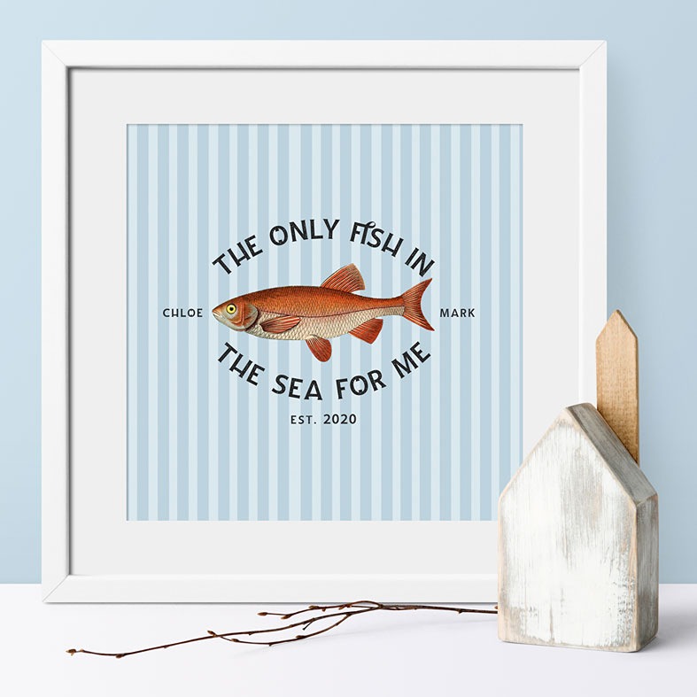 Only Fish in the Sea personalised print with vintage fish illustration and striped background &acirc; romantic nautical gift for couples in 3 colour choices