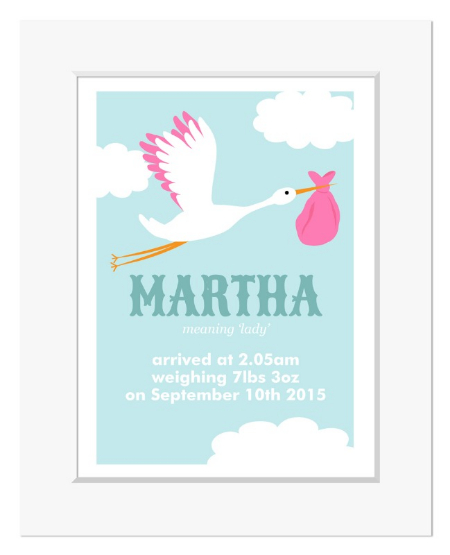 Stork personalised name meaning new baby print