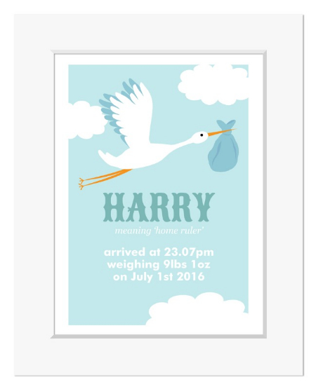 Stork personalised name meaning new baby print