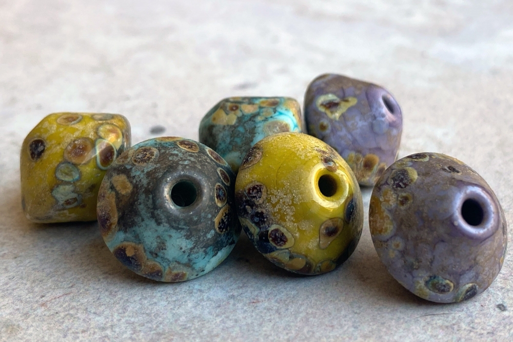 Rustic Lampwork Bicone Beads - Raku-  Violet, Turquoise and Pistachio - Handmade Glass
