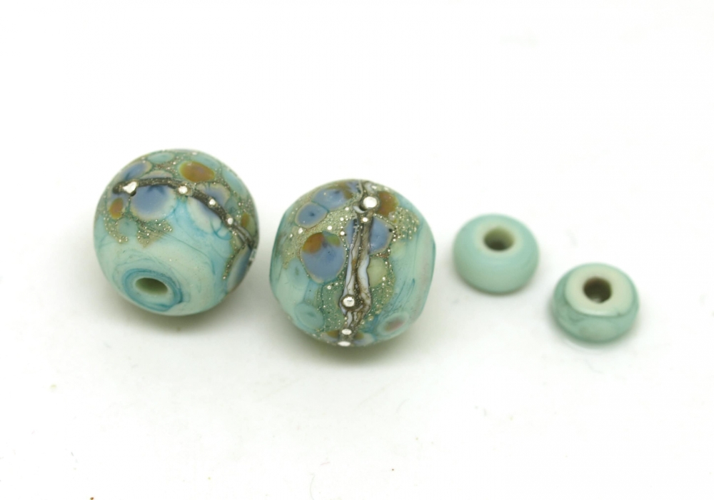 Turquoise Green & Pastel Frit Bead Pair - Handmade Glass Beads - SRA Lampwork