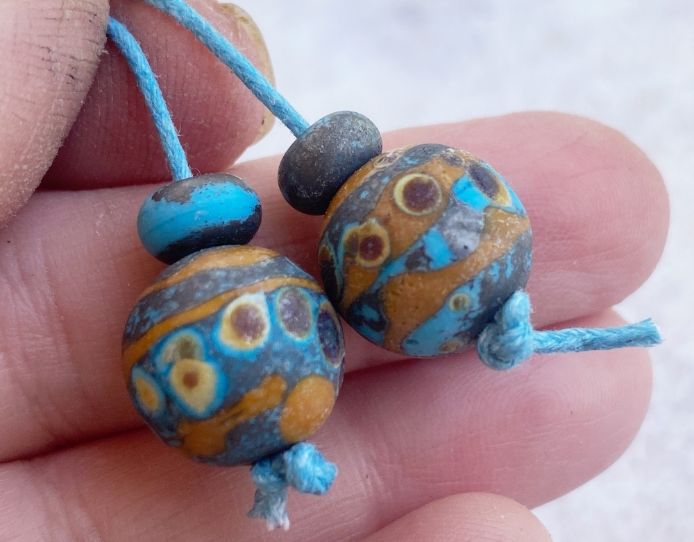 Terracotta & Turquoise Round Glass Bead Pair with Raku