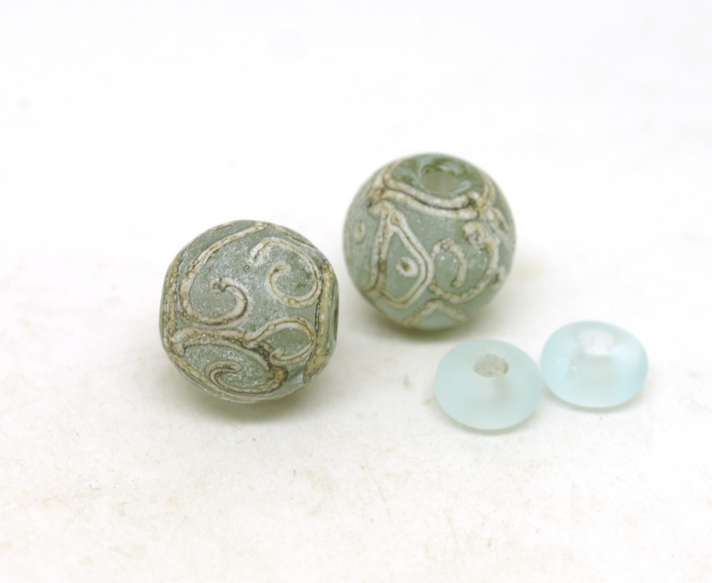 Pale Blue Aged Style Lampwork Bead Pair with Scroll Design