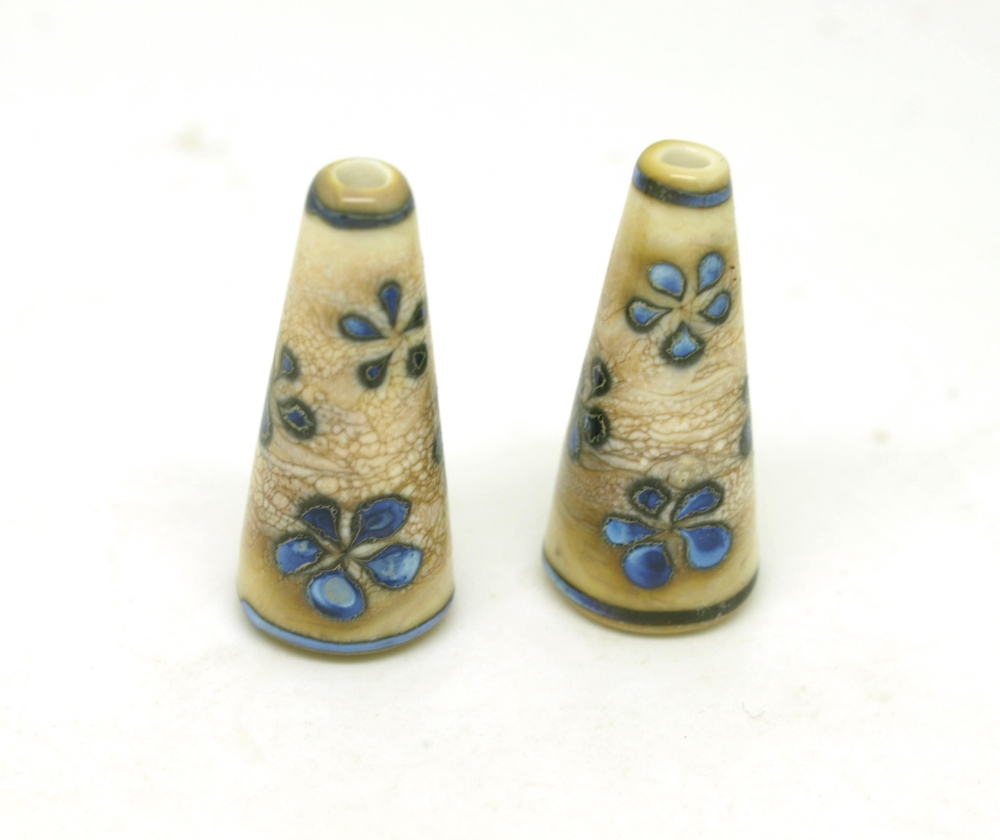 Ivory and Blue Glass Bead Pair with Shimmering Blue Flowers