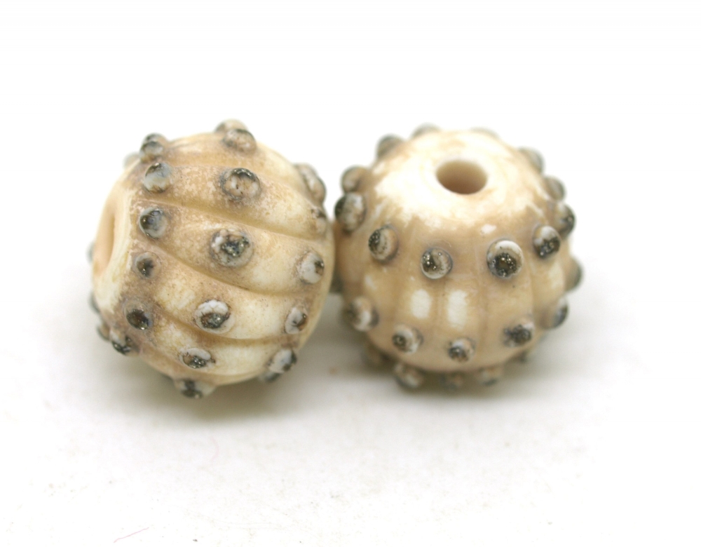 Ivory Sea Urchin Glass Bead Pair