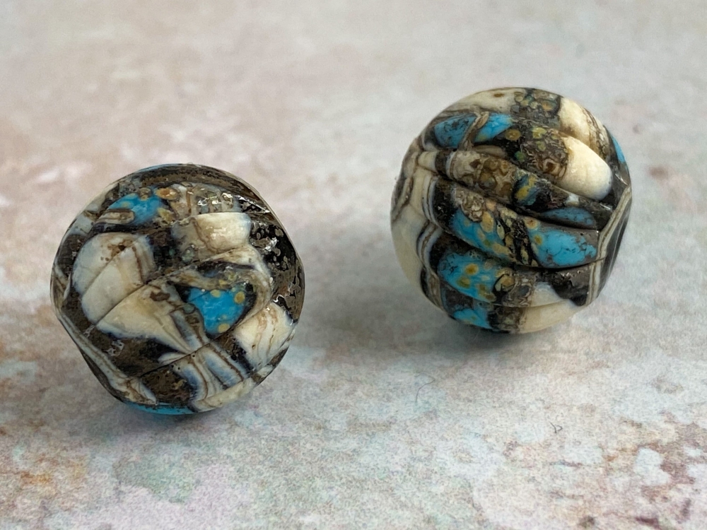 Turquoise, Black & Ivory Rustic Glass Bead Pair