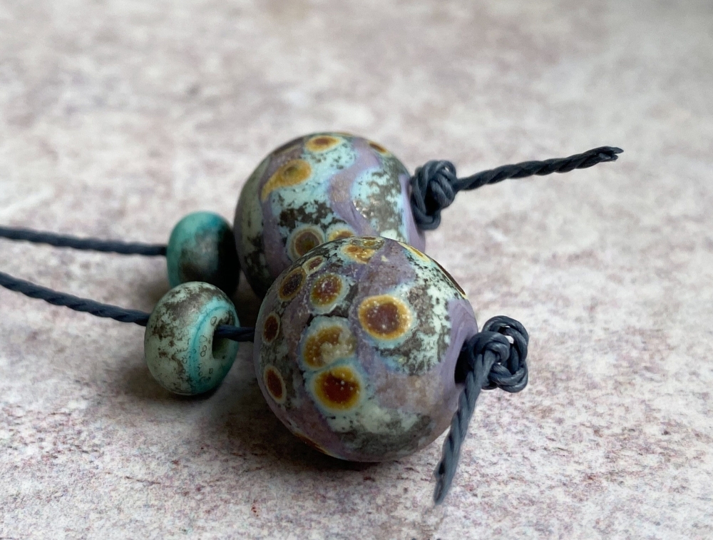 Violet & Copper Green Glass Bead Pair