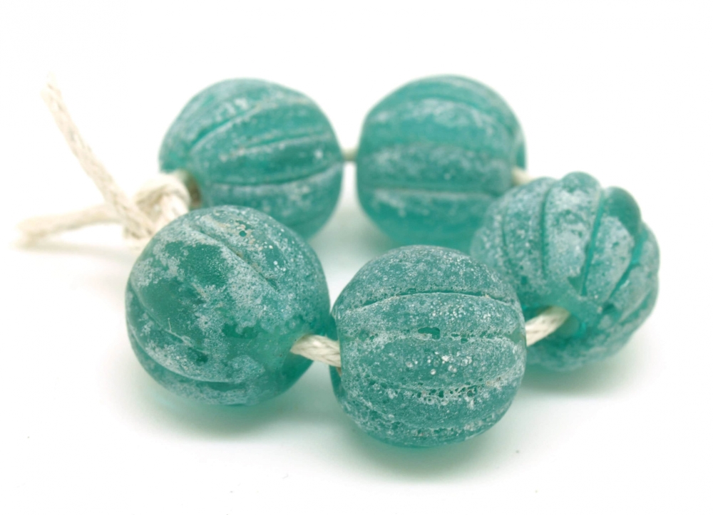 Teal Rustic Lampwork Melon Beads, Aged Glass
