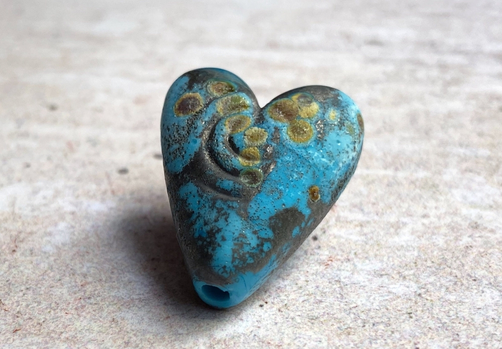 Small Rustic Turquoise & Raku  Lampwork Heart