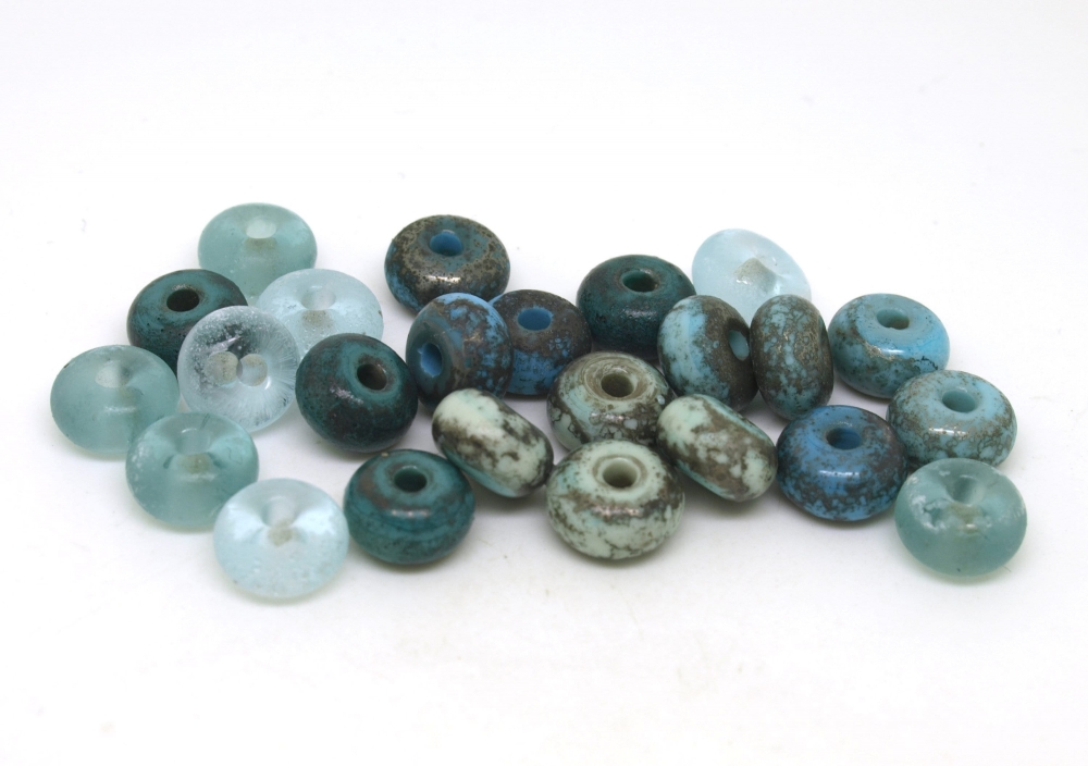 Set of Small Aged Lampwork Beads in Blues and Greens