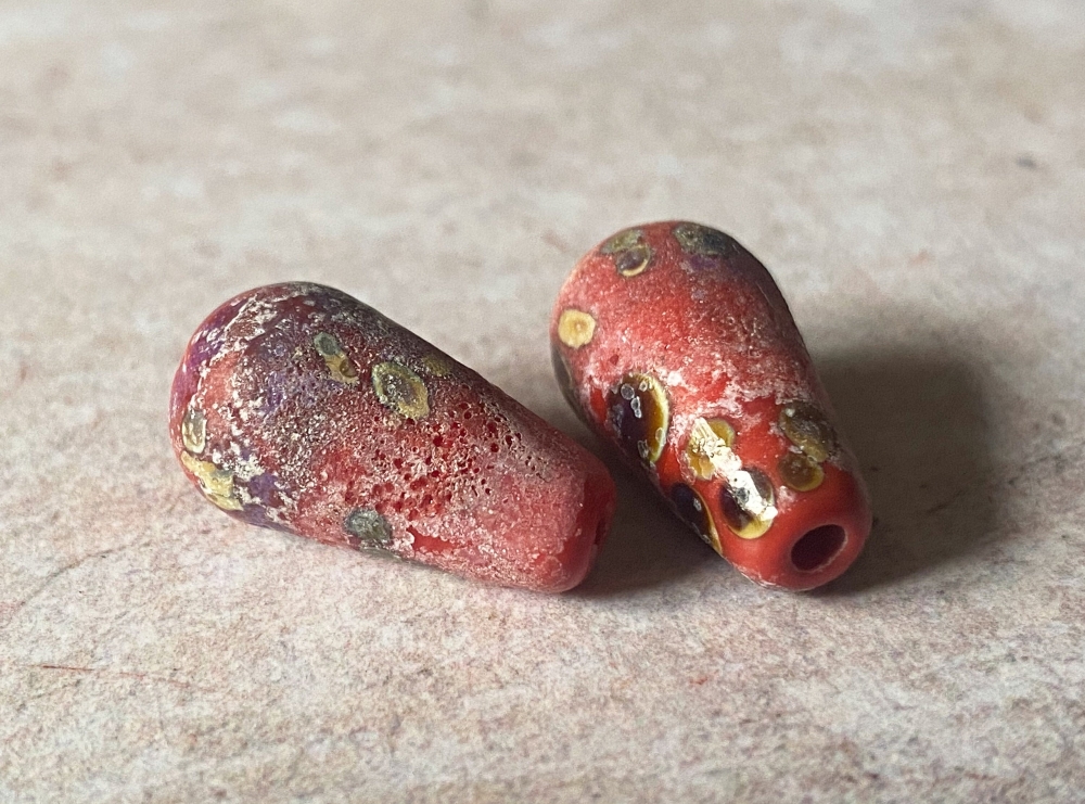Rustic Glass Teardrop Bead Pair - Coral Red, Raku