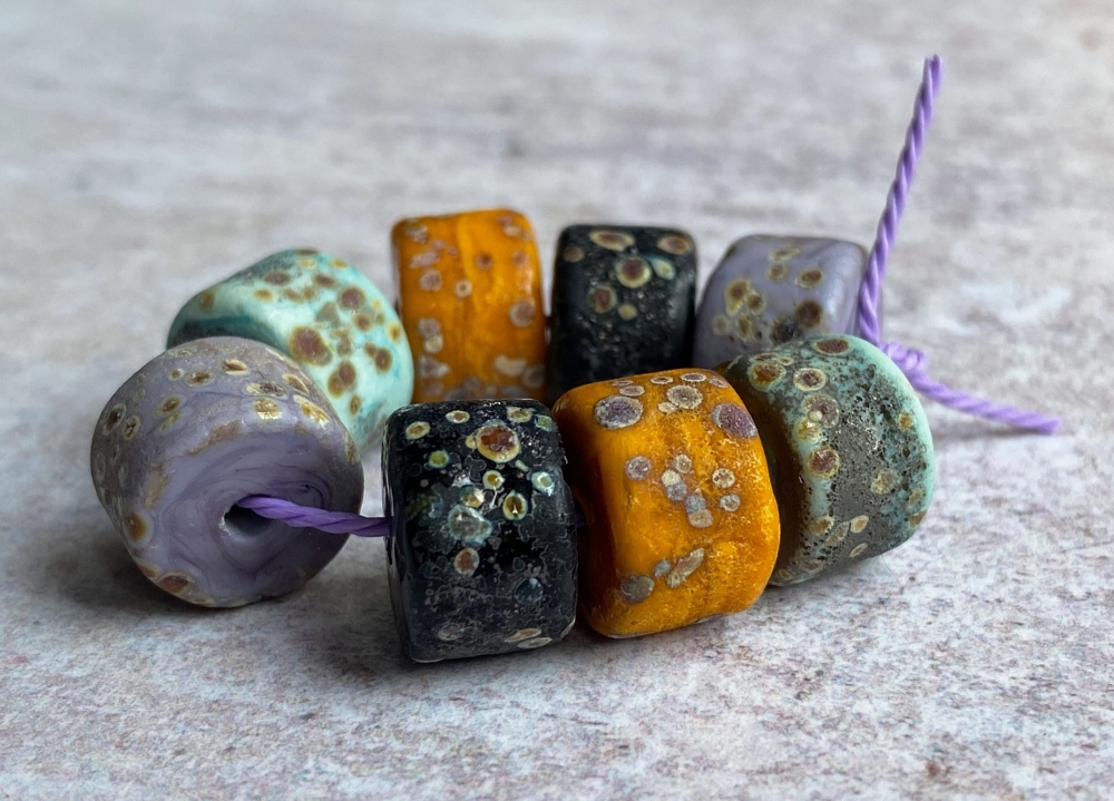 Rustic Style Cylinder Bead Set  in Violet, Green, Ochre & Black